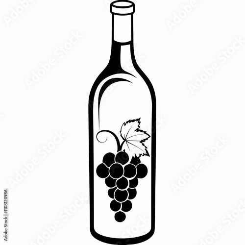  Black wine bottle silhouette with grape cluster illustration, classic wine label element for vineyard branding, winery catalogs or alcohol menu layouts. Concept wine production visuals, beverage logo
