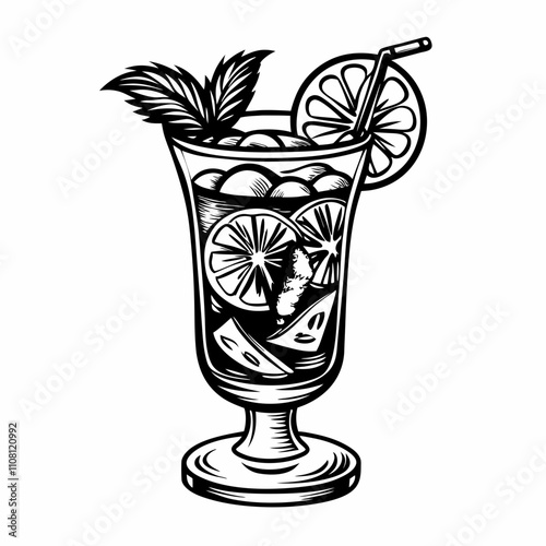 Black and white vintage-style line drawing of stemmed cocktail garnished with mint leaves, orange slices and straw. Concept cocktail bar,  summery refreshing impression, summer party, drink menu