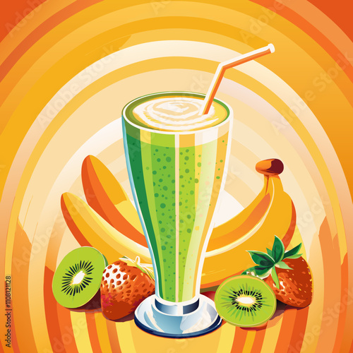 Mid-century illustration of green smoothie in tall glass with straw, surrounded by bananas, kiwis and strawberries. Vibrant radial background creates refreshing feel. Concept: juice bar,health food
