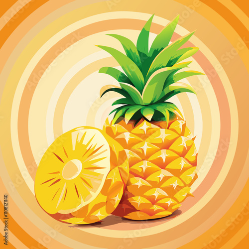 Mid-century style pineapple illustration showing whole fruit and cross-section slice against orange-yellow circles. Vibrant tropical coltropical vacation.ors. Concept: juice bar, summer party, 