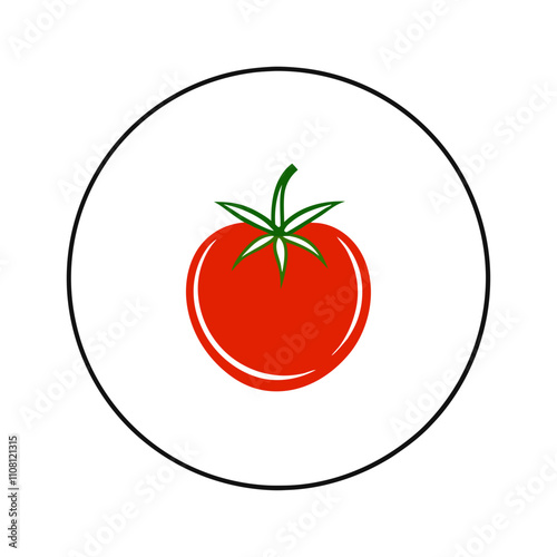 Red tomato icon with green stem centered in circular frame. Clean minimalist design with bold colors on white background. Concept: farm-to-table restaurant, produce market.