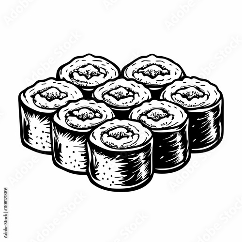 Hand-drawn sushi rolls arranged in a circular pattern on a white background, copy space