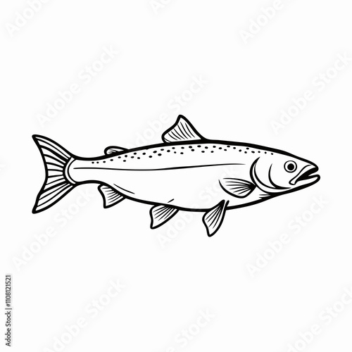 Salmon swims rightward in elegant line drawing. Simple black ink sketch captures the fish's distinctive profile and scales. Concept seafood restaurant, fishing guide, marine conservation.
