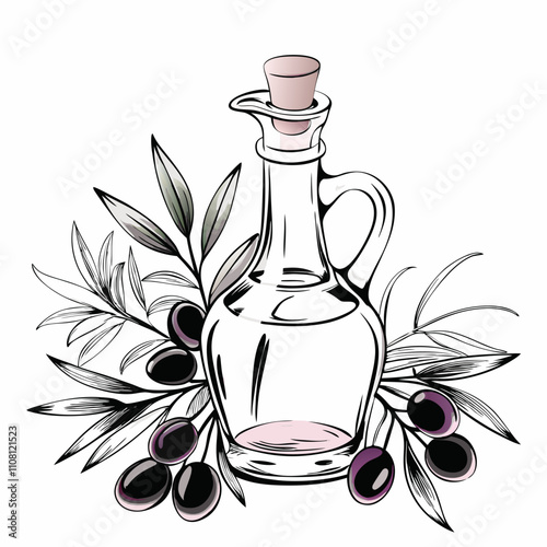 Olive oil bottle surrounded by purple-toned olive branches. Vintage-style illustration shows cork-stopped glass vessel with Mediterranean fruit. Concept gourmet food Italian restaurant organic product