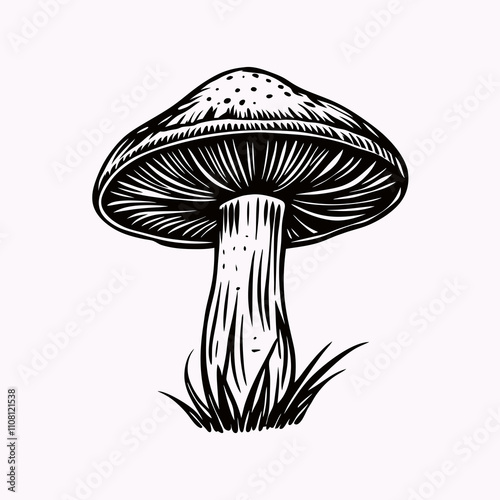 Detailed mushroom sketch growing in grass. Black and white botanical illustration captures delicate gills and sturdy stem. Concept nature journal, field guide, botanical study.