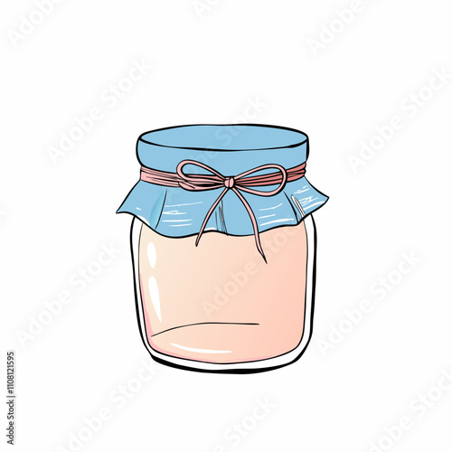 Homemade jam in glass jar with blue lid and rustic ribbon bow. Artisanal preserve glows with peach color in sunlight. Concept food photography, home canning, artisanal goods.