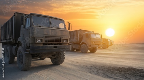 Empty aid trucks on a desolate desert road, symbolizing the gap between humanitarian efforts and the harsh realities of crisis zones