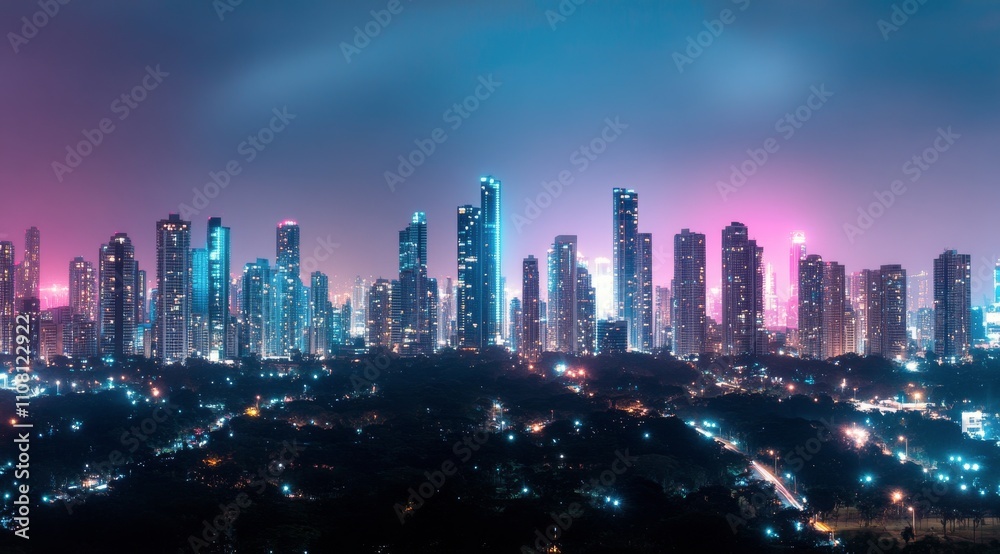 Obraz premium Vibrant night skyline of a modern city featuring a towering skyscraper and illuminated buildings