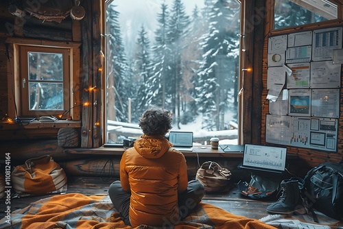 Person working on a laptop in a cozy cabin with snowy scenery.