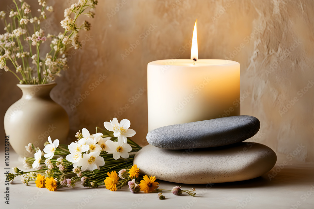 A burning candle on beige background with some stones, relaxing calm environment for meditation and wellness, Generated By Ai A burning candle on beige background with some stones, relaxing calm environment for meditation and wellness, Generated By Ai