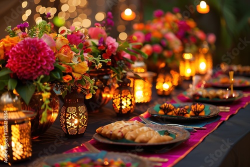 A festive table setting with glowing lanterns, vibrant flowers, and traditional sweets, possibly celebrating Diwali, the Hindu festival of lights photo