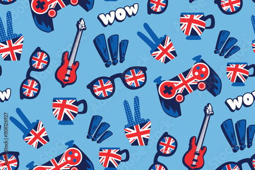 Great Britain flag seamless pattern with stickers sunglasses and England flag, electro guitar, hand, exclamation sign, stars, gamepad. Vector The United Kingdom flags stickers repeat print