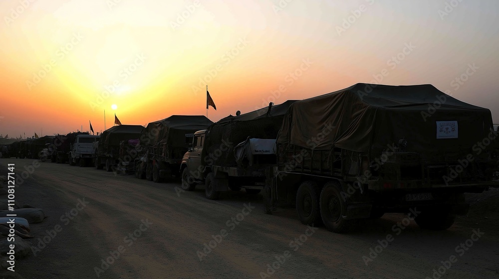 Fototapeta premium Empty aid trucks on a desolate desert road, symbolizing the gap between humanitarian efforts and the harsh realities of crisis zones
