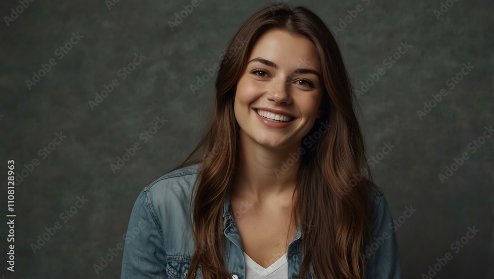 Fototapeta premium Portrait of a woman with long brown hair smiling against a gray backdrop.