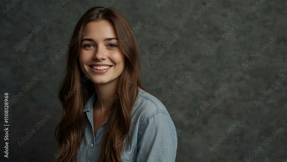 Fototapeta premium Portrait of a woman with long brown hair smiling against a gray backdrop.