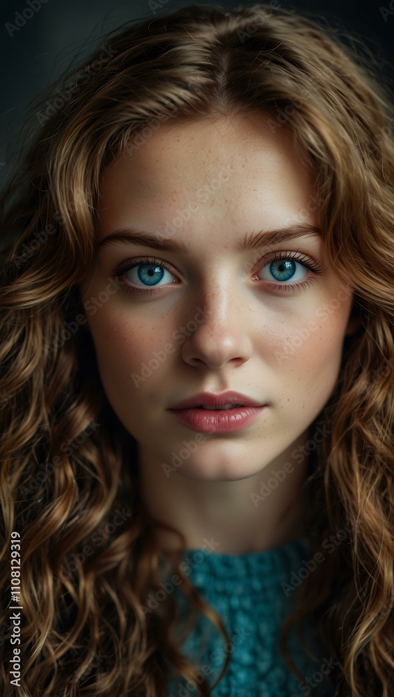 Naklejka premium Portrait of a woman with wavy hair and blue eyes.