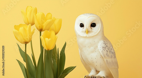 coruja branca ao lado de tulipas amarelas em fundo amarelo pastel - cena bonita e fofa photo