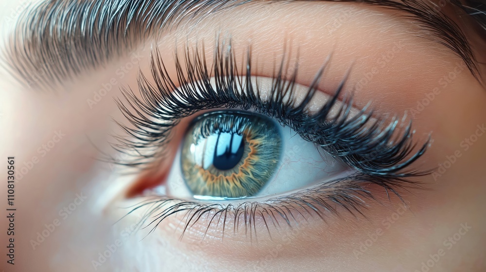 Obraz premium Close-up of woman eye with beautiful, long, dark eyelashes. Eye makeup applied. Perfect lashes extended for glamorous look. Beauty salon setting. Glamorous makeup in pro salon. Lash extensions