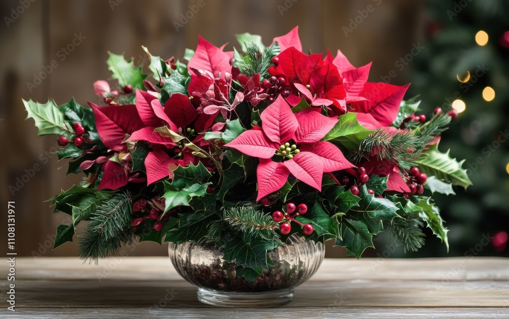 Fototapeta premium Bright red poinsettia arrangement in a clear vase on a wooden table with festive decorations