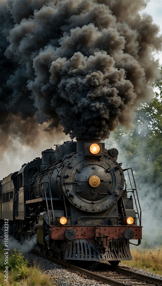 Naklejka premium Powerful locomotive emerging from dense smoke, showcasing travel.