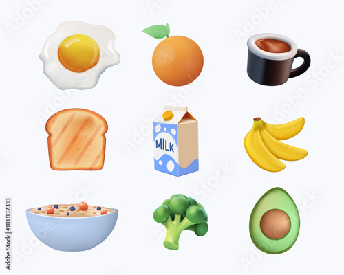 Healthy breakfast. Various tasty food and drinks. Cute 3D icons and logos. Trendy vector illustrations. Cartoon style 3D design. All elements are isolated