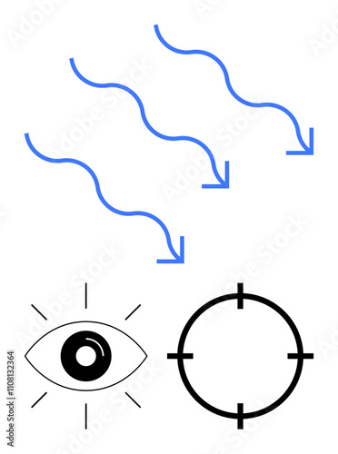 Blue wavy arrows, black eye with rays, and target with crosshair. Ideal for focus, perception, aim, precision, surveillance alignment and vision concepts. Line metaphor