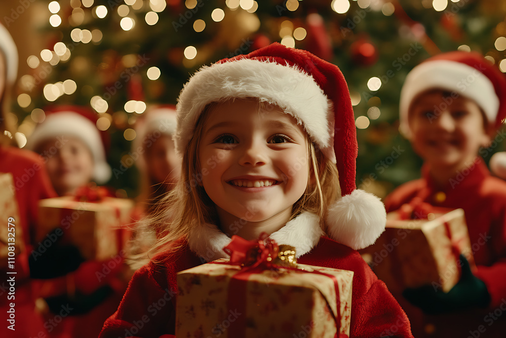 A festive and heartwarming scene featuring children dressed in adorable Christmas costumes like Santa, reindeer, and elves. The children are joyfully holding Christmas charity gifts
