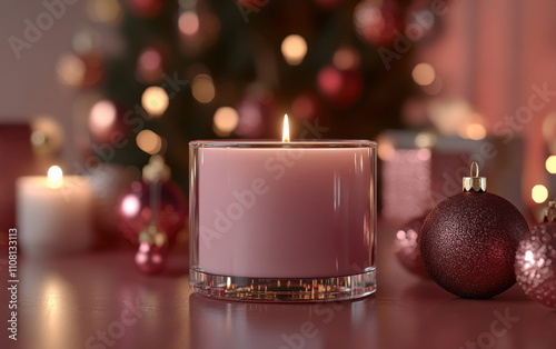 Cozy candlelit atmosphere with pink candle and holiday decorations in a festive setting photo