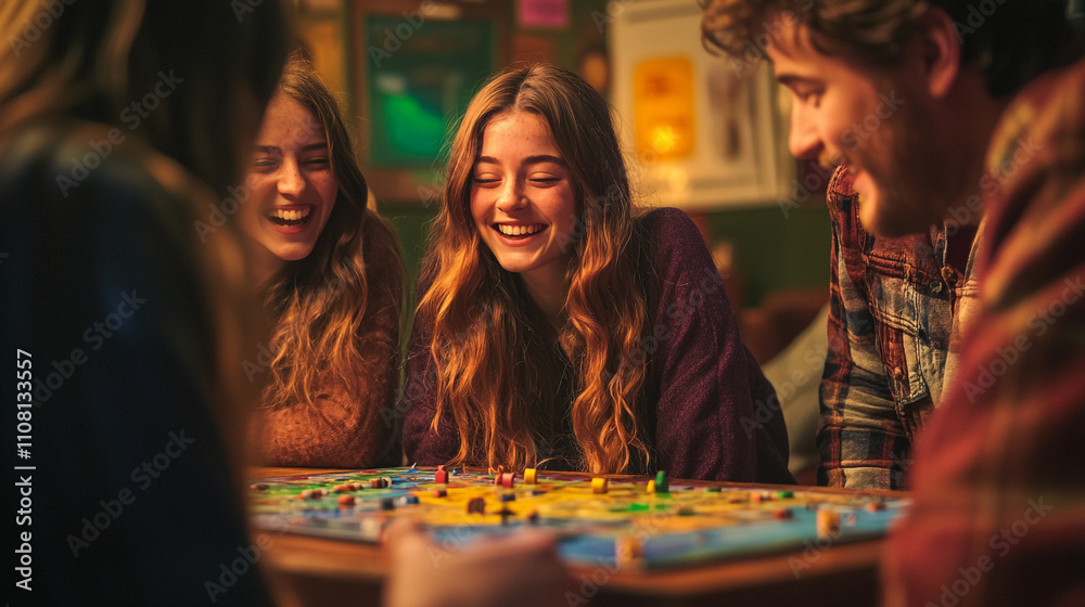 Fototapeta premium Friends Playing Board Game Cozy Night Laughter Fun Home Entertainment