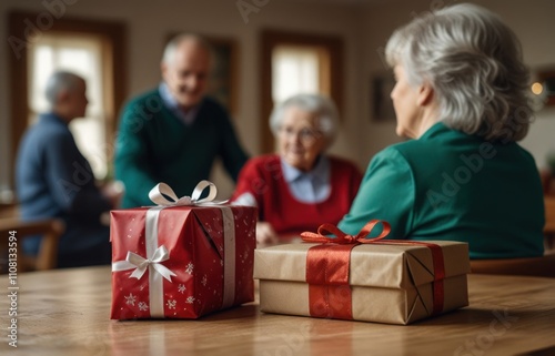 Christmas gifts in a nursing home. Concept of care and care for the elderly during the holidays.