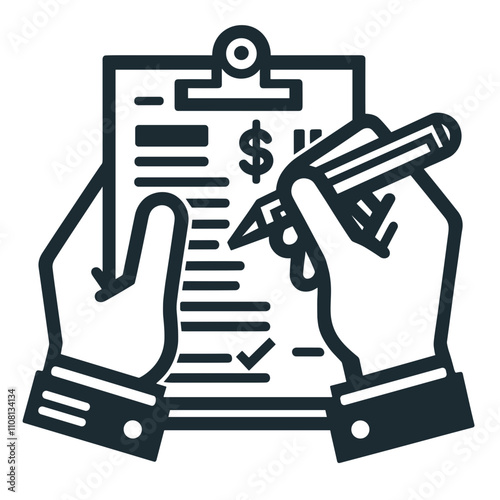 Tax icon depicting hands holding a clipboard with a financial document and pen