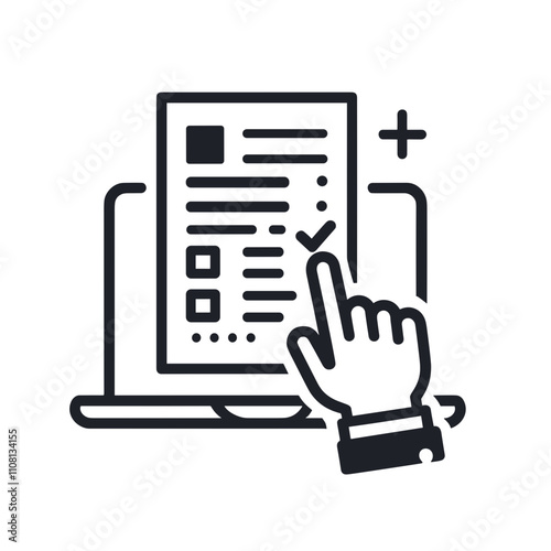 Tax icon showing a hand pointing at a digital tax document on a laptop