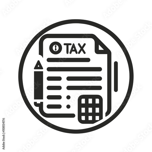 Tax icon featuring a tax document, pencil, and calculator inside a circular frame