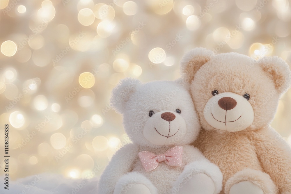 Fototapeta premium Two cuddly bears sitting together with a soft glowing background