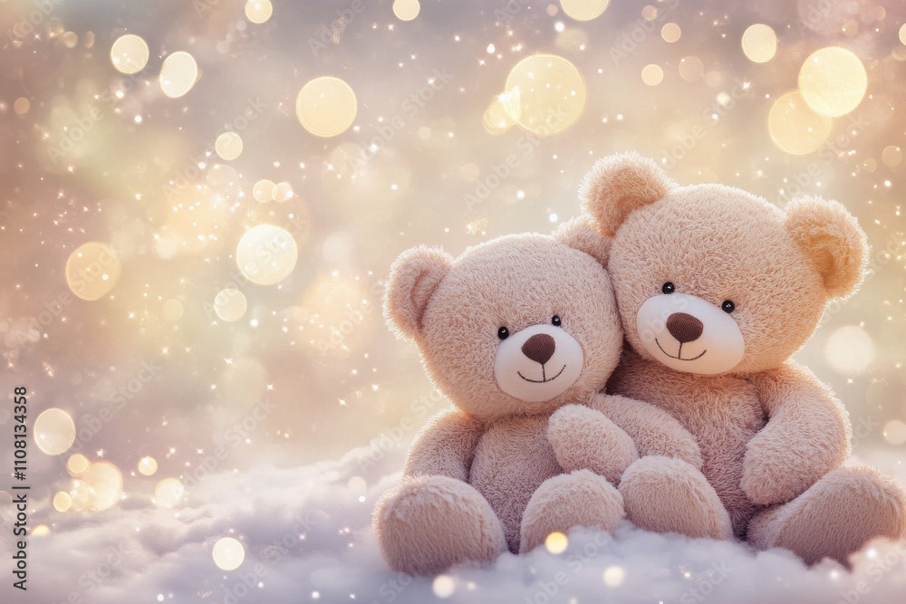 Fototapeta premium Two cuddly bears sitting together with a soft glowing background