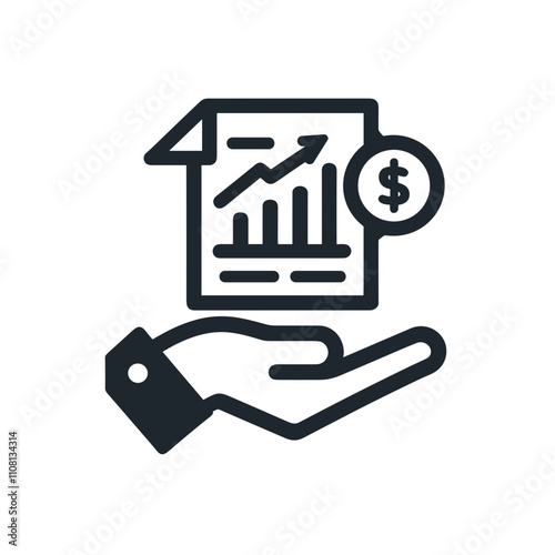 Tax icon depicting a hand holding financial document with growth chart and dollar symbol
