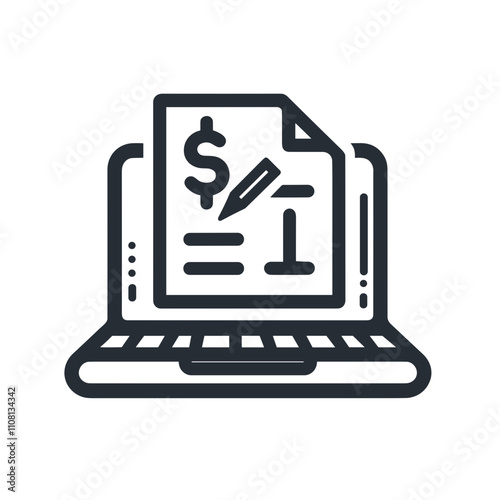 Tax icon featuring a laptop with financial document and dollar sign