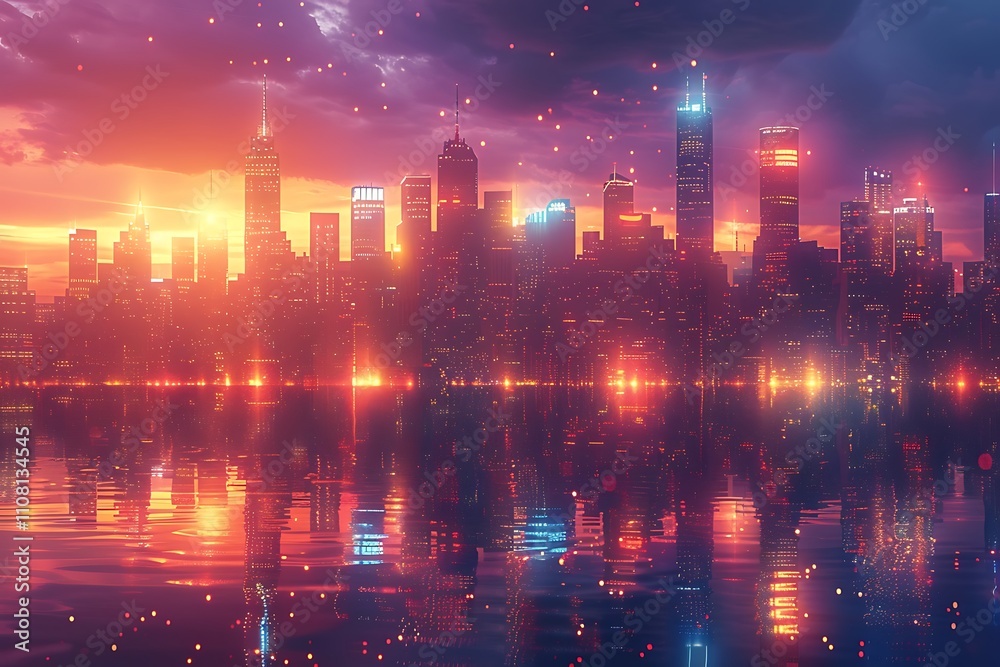 Obraz premium Vibrant city skyline at sunset reflected in water.