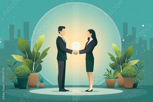 Professional handshake between two businesspeople in a lush green setting, symbolizing partnership, collaboration, and success photo