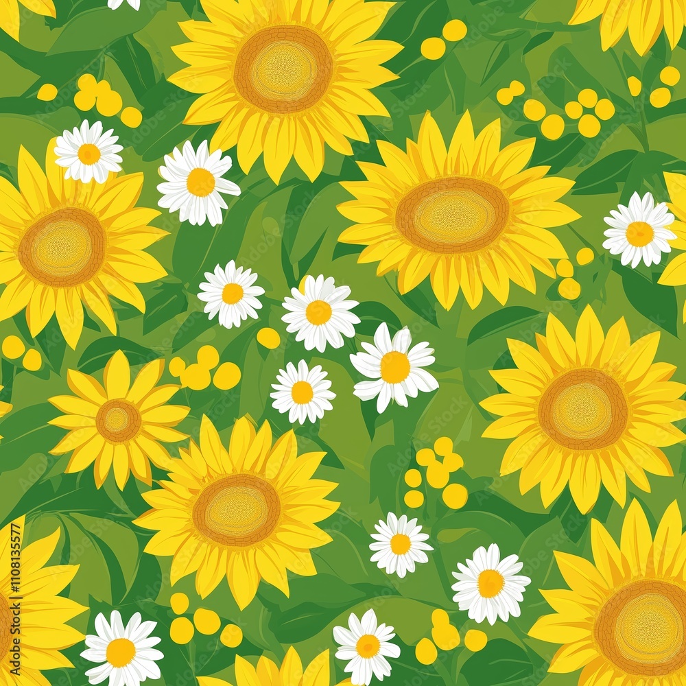 Fototapeta premium Bright sunflowers and daisies create a vibrant floral pattern on a lush green background in a cheerful design