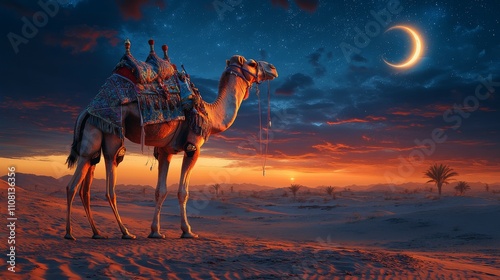 Camel sunset desert night crescent moon.