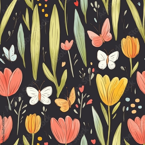 Colorful floral pattern featuring butterflies on a dark background in a whimsical design photo