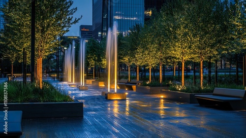 Illuminated urban park at twilight with water fountains, trees, and benches. photo