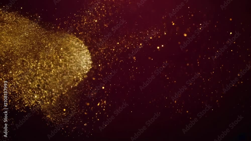 Golden Dust Explosion on Burgundy Background: Abstract Photography