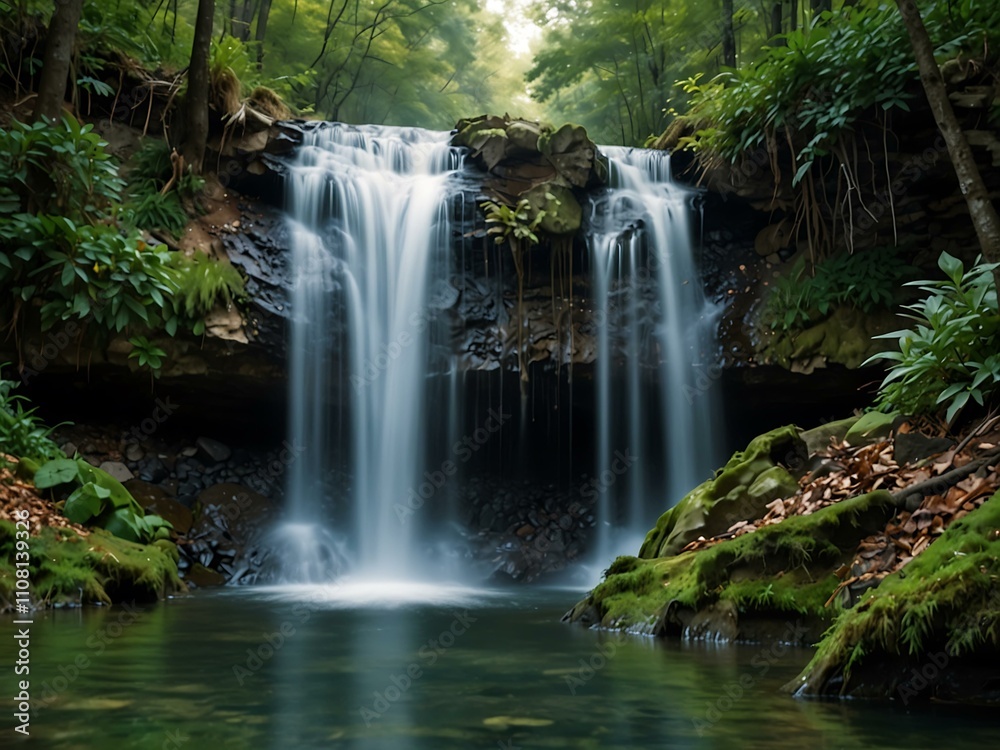 Obraz premium Pure fresh water waterfall in a forested mountain.