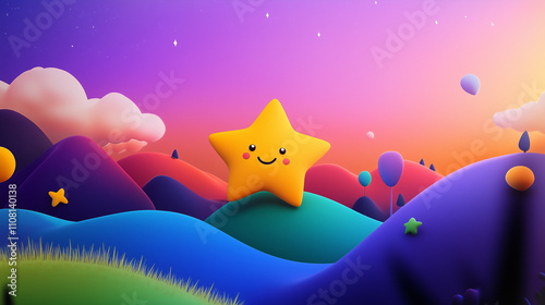 A whimsical scene with a yellow star character beaming happily among colorful hills and playful shapes, set against a dreamy gradient sky photo