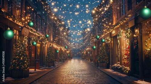 Magical Christmas Street  Festive Holiday Lights  Snowy Night  Winter Wonderland  Cobblest photo