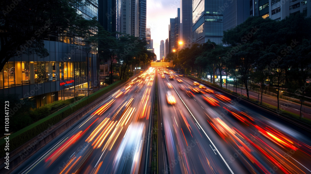Fototapeta premium A lively highway during twilight, with blurred streaks of light from cars moving rapidly under the soft, fading glow of the evening sky