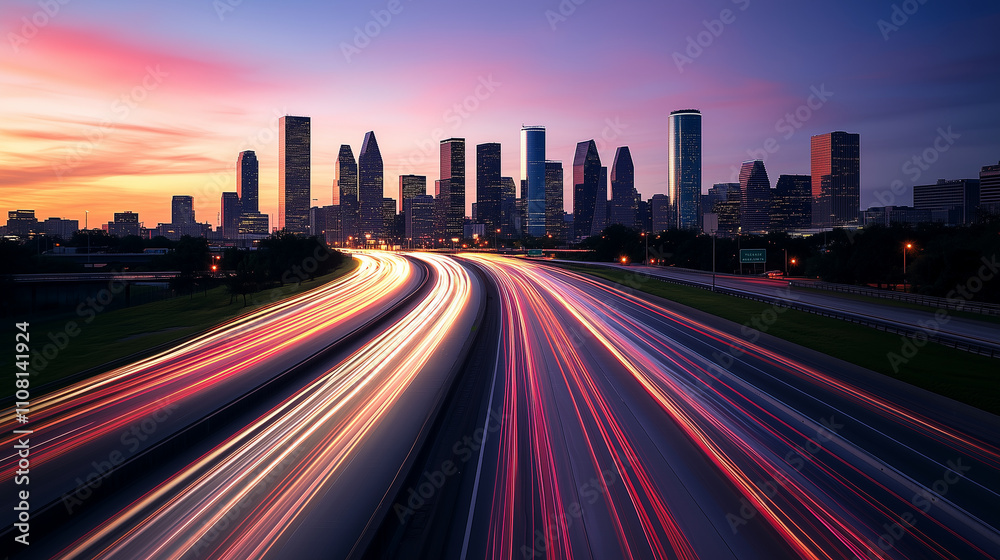 Obraz premium Cars speeding along a twilight highway, their motion blurred to form colorful streaks of light, with the distant city skyline bathed in duskâs soft glow