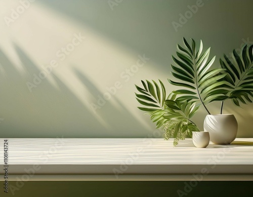 modern minimal empty cream white counter table top in dappled sunlight green leaf foliage shadow on wall for luxury organic fashion beauty cosmetic skincare product display background 3d